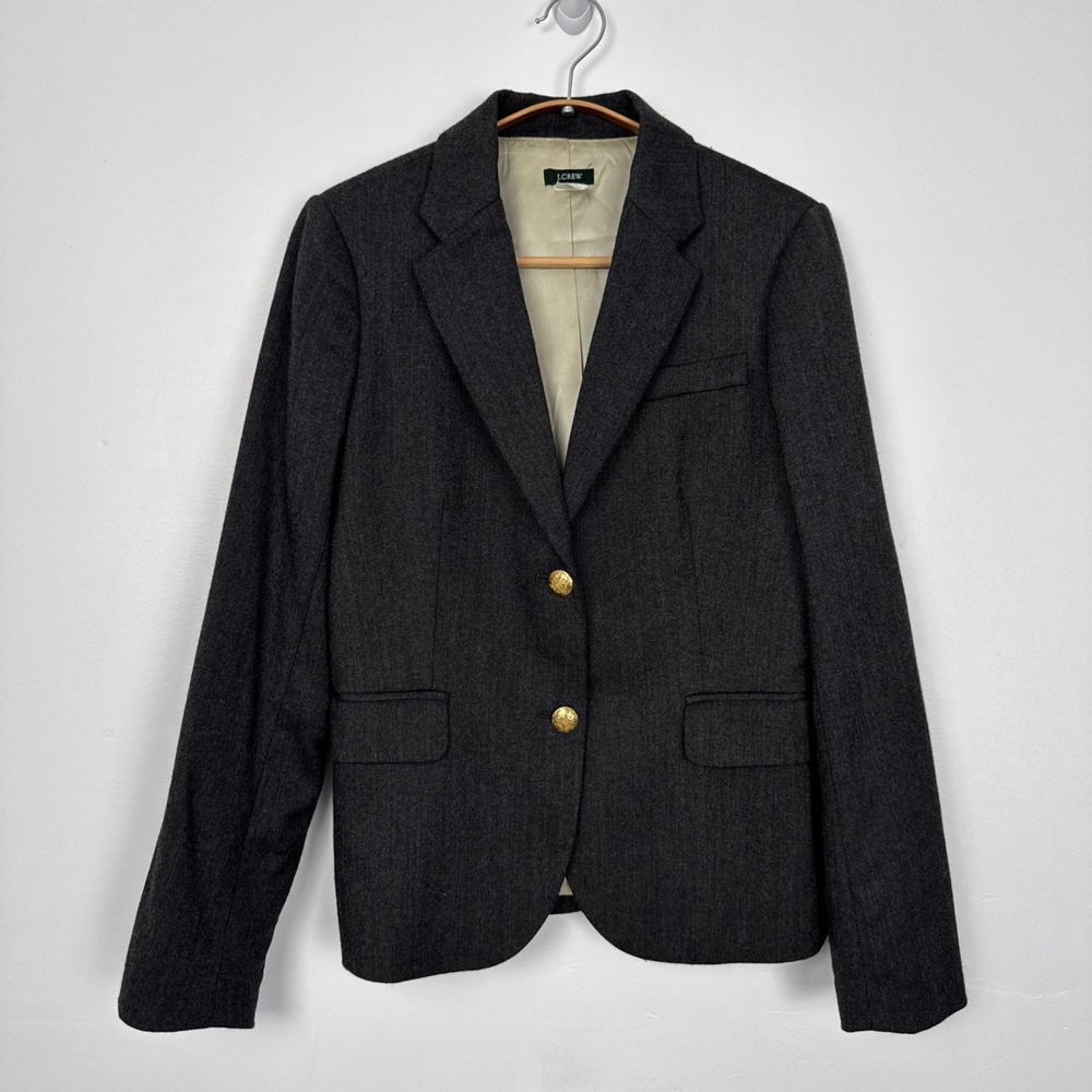 J.Crew Womens Charcoal Grey Wool Blend Two Button Blazer Gold Crest Buttons 6